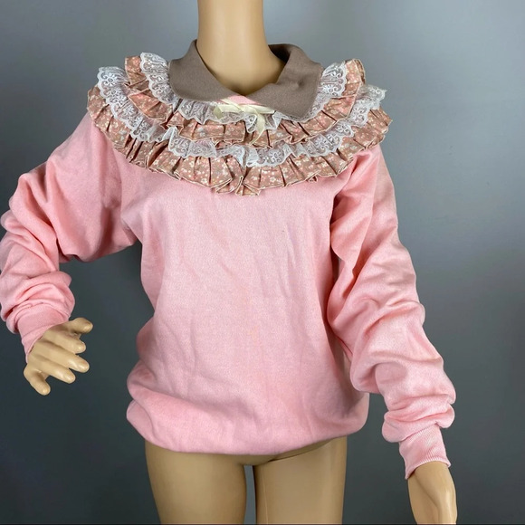 Vintage Sweatshirt Lace Collar Large Grannycore Grandma Cottagecore Pink Tan - Picture 1 of 6